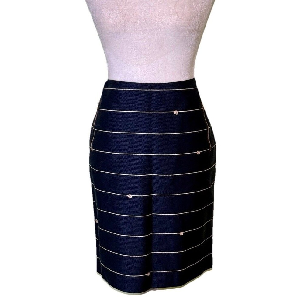 Women’s Navy White Striped Pencil Skirt Nautical Preppy Knee Length Side Zip 8